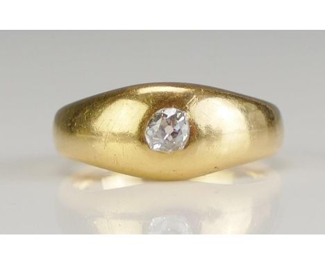An Antique High Carat Precious Yellow Metal and Diamond Gypsy Ring, c. 4mm old cut, KEE tests as 18ct, size N.5, 9.54g.   UNL