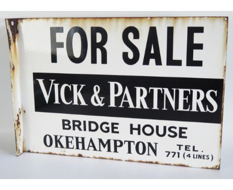 An enamel double-sided advertising sign, "Vick &amp; Partners, For Sale, Okehampton", 38 x 54cm.