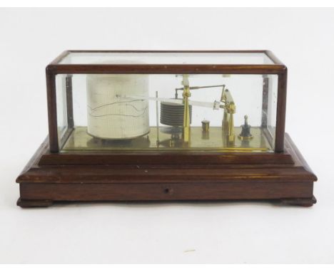 Negretti &amp; Zambra, a lacquered brass barograph, with eleven tier vacuum, single recording arm, contained in a mahogany an