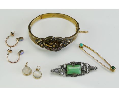 A Pair of Moonstone Pendants in precious yellow metal settings (10.5mm diam., 2.6g), a pair of 9ct gold and opal hoop earring