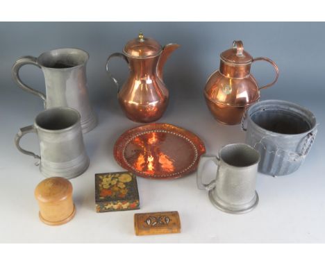 A copper coffee pot, other copper wares and pewter mugs, treen box, papier mache box and inlaid treen snuff box.