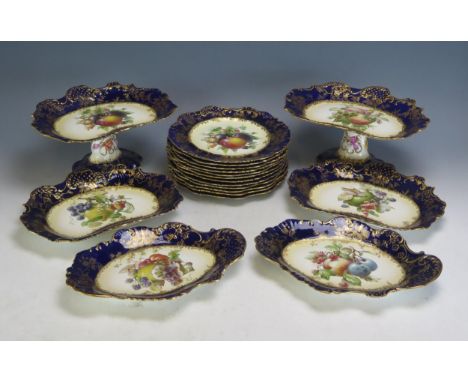 A Hammersley china part fruit service, with transfer print fruit decoration within a cobalt blue and gilt decorated border, i