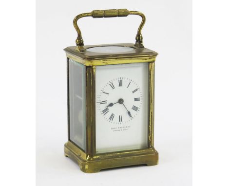 A French lacquered brass carriage clock, with 6.5cm Roman dial, lever platform escapement, the movement striking to a gong, 1