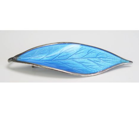 A Norwegian silver and pale blue enamel leaf brooch, 6cm long