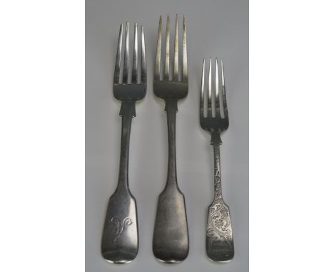 two silver table forks and one dessert fork, various makers and dates, initialled, 200gms, 6.44ozs