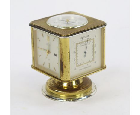 A 1950's Angelus brass cube form desk top clock / weather station, the top inset with a compass, one side with a clock face w