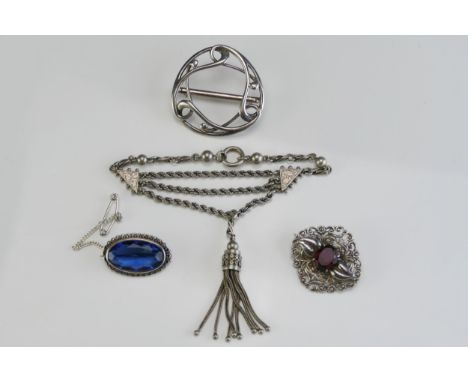 A Victorian Precious White Metal Bracelet with tassel and chased decoration (20g) and a Scottish silver scarf ring and two ot