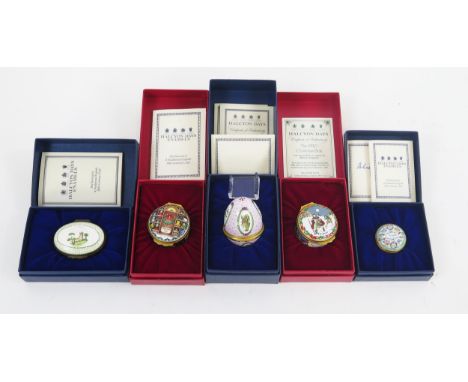 A collection of five assorted Halcyon Days, enamel boxes including egg-shaped example, all in original boxes. (5)