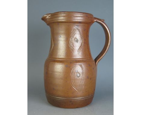A Ray Finch Pottery Jug with incised decoration, incised 'K' to the bottom, 19cm