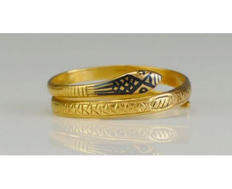 A Snake Ring in high carat precious yellow metal and enamel, size M-N, KEE tests as 18ct, 2.71g.   UNLESS OTHERWISE STATED, T