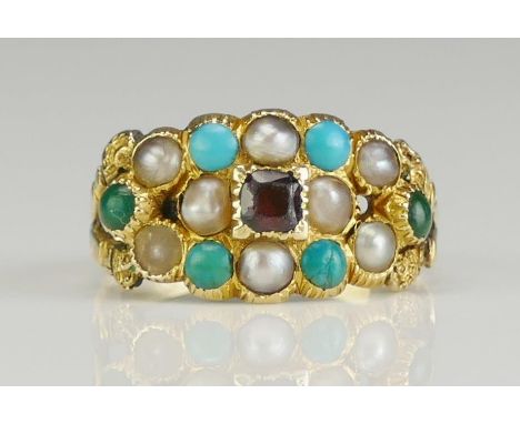 A Georgian Garnet, Turquoise and Seed Pearl Ring in a high carat precious yellow metal setting, size L.5, 2.72g