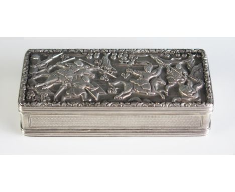 An early 19th century silver snuff box, makers mark only, of rectangular outline, the hinged lid decorated with a Chinese bat