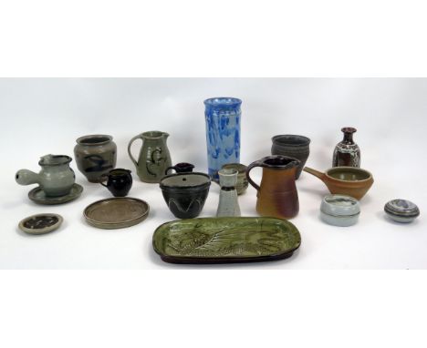 A Selection of Studio Pottery including a large blue vase signed Holst 98 (23cm, foot with faults), Muchelney and Michael Lea