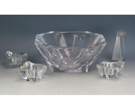 An Orrefos clear glass bowl of octagonal tapering form, 25.5cm wide, three Villeroy &amp; Boch petal-shaped night light holde