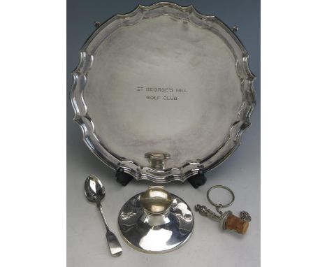 A Silver Capstan Inkwell (Birmingham 1916), Silver teaspoon, plated tray and a bottle stopper
