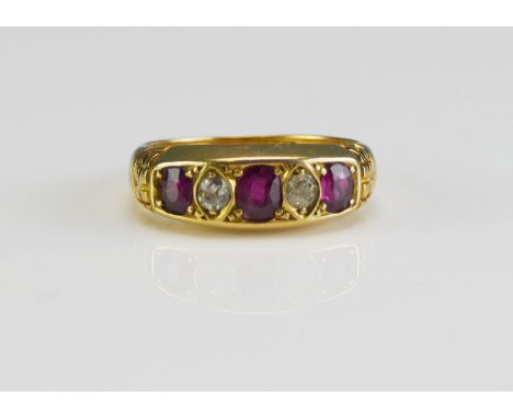 An Antique 18ct Gold, Ruby and Diamond Five Stone Ring, c. 4.3x3.4mm principal stone with 2.4mm old cuts, size L, stamped 18C