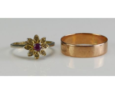 An Antique 9ct Gold Plain Wedding Band (5.1mm wide, size P.5, Birmingham 1906, 1.7g) and a silver gilt gem set ring (size J.5