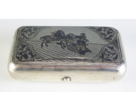 An Imperial Russian silver and niello decorated cheroot case, assay master Alexander Skovronsky, Moscow, 1896, the rectangula