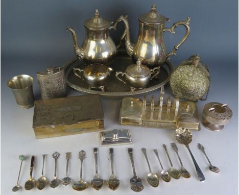 A collection of assorted plated wares including four-piece tea and coffee service, oval tray, toast rack, flask, cigarette bo