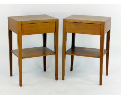 A pair of Gibbs teak bedside tables, with rectangular tops, single short drawer, on square tapering legs linked by an under s
