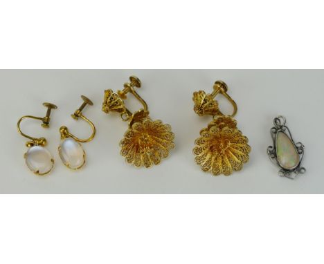 A Pair of Rolled Gold and Moonstone Screw Back Earrings, an opal pendant in a white metal setting and a pair of silver gilt f
