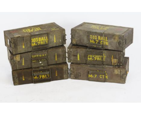 Six wood and metal bound 303 Ball. Mk 7 BLT ammunition boxes. 