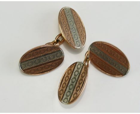 A Pair of Antique 9ct White and Yellow Gold Cufflinks with engine turned decoration, Birmingham 1922, 8.87g