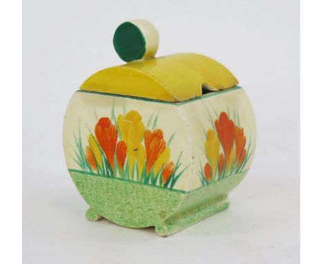 A Clarice Cliff 'Crocus' pattern bonjour shape preserve pot and cover,