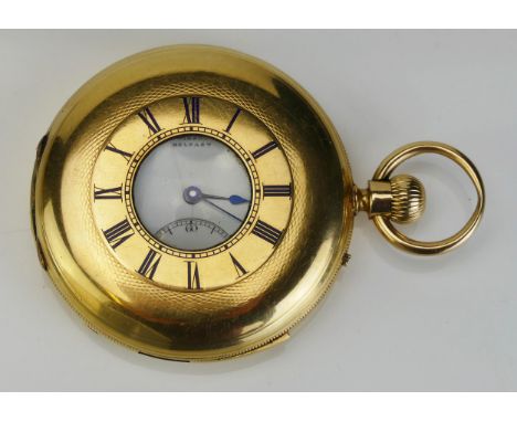 A Victorian 18ct Gold Keyless Half Hunter Striking Pocket Watch with repeat. The 49.5mm case with enamel dial signed Gibson B