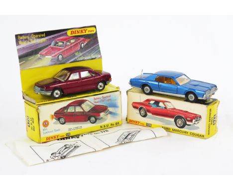 Dinky 174 Ford Mercury Cougar in metallic blue, orange-brown interior, cast hubs and 176 NSU Ro 80 in dark metallic red, spun