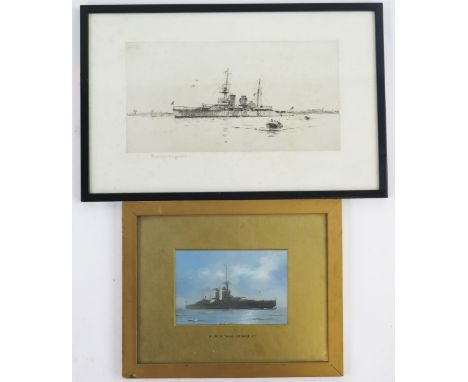 Rowland Langmaid (1897-1956) Battleship moored off Egypt, etching, signed in pencil to the margin, F &amp; G, 14.5 x 28cm, to