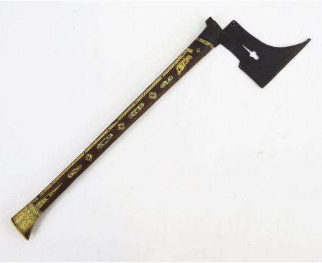 A SAXONY MINER'S GUILD AXE, DATED 1678 with flat iron head of characteristic form pierced with a slipped quatrefoil and circl