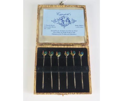 A set of six George V silver and enamel cocktail sticks, maker Adie Brothers Ltd, Birmingham 1930, with cockerel terminals, c