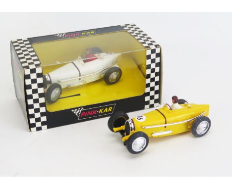 Pink Kar Slot Cars CV007 Bugatti Tipo 59 x2, one white, one yellow - excellent but appear to have issue to front bumpers