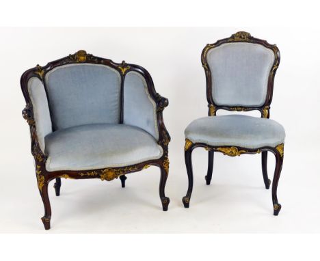 A Louis XV style, fauteuil, with blue stuff over seat, on cabriole legs with gilded floral decoration, together with a matchi