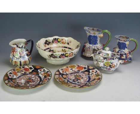 A Mason's ironstone fruit bowl, Davenport jug, assorted jugs, plates and sugar basin.