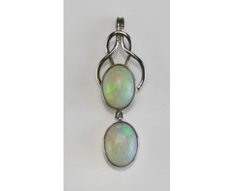 A Pair of 9ct White Gold and Opal Pendant, 43.7mm drop, stamped 9CT, 4g