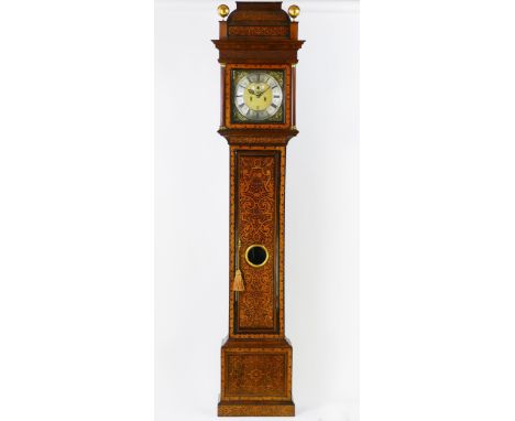 John Webster, London, an early 18th century walnut and marquetry longcase clock, the hood with triple caddy top and ball fini