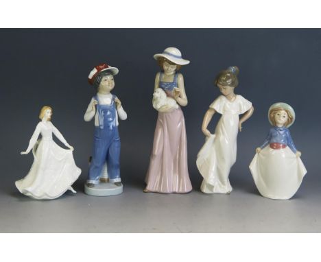 Three Nao porcelain figurines, a Lladro figure and a Royal Doulton figure HN4070, Good Luck, (4)