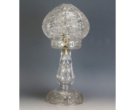 A cut glass mushroom shaped table lamp, with hobnail, and star facetted decoration, 36cm high.