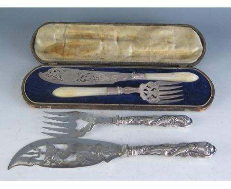 A pair of Victorian silver and mother-of-pearl handled fish servers, maker Harrison Brothers &amp; Howson, Sheffield, 1862, c