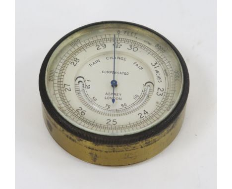 Asprey, London, a gilt brass pocket barometer and thermometer, with 5.5cm silvered dial, signed Asprey, London,