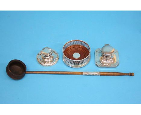 Two silver inkstands, a silver coaster and a wooden ladle with silver mounts