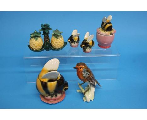 A Goebel 'Robin', a pineapple condiment set and a Goebel Bee preserve pot, mustard pot amd salt and pepper.