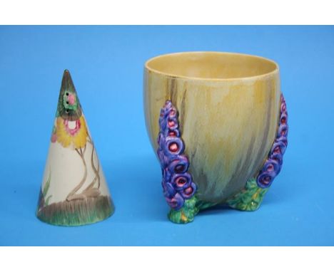 A Clarice Cliff Bizarre 'My Garden' planter and a Clarice Cliff 'Rhondanthe' conical sugar sifter, printed marks. 14cm height