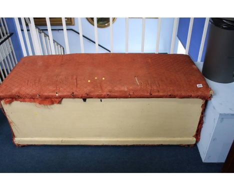 Painted pine trunk with partially upholstered top
