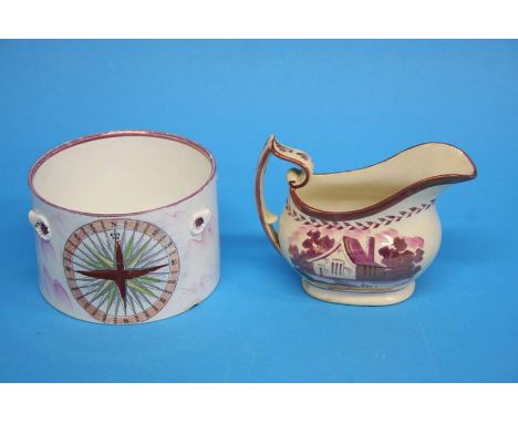 A Sunderland pink lustre cream jug and a 'Compass' eel jar. (2)