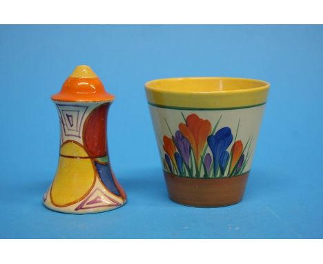 A Clarice Cliff Bizarre 'Crocus' pattern miniature plant pot, and a 'Melon' pattern pepper pot. Printed marks. 7.5cm height a