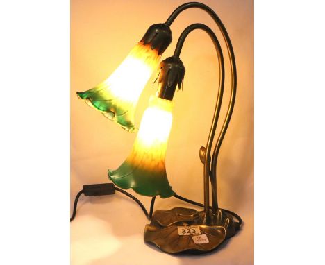 Tiffany style two branch table lamp, H: 41 cm. Not available for in-house P&amp;P, contact Paul O'Hea at Mailboxes on 01925 6