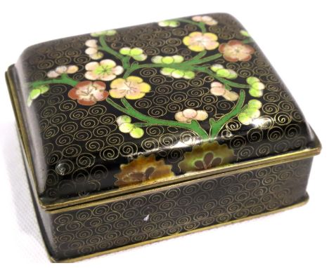 Chinese cloisonne hinged trinket box black and gold ground with pink prunus blossoms. P&amp;P Group 1 (£14+VAT for the first 